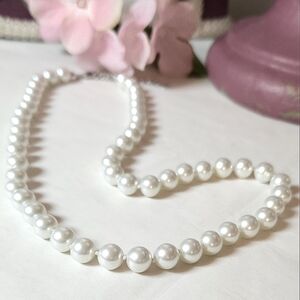 White Glass Pearl Beaded Necklace with Silver Extender Chain Handmade